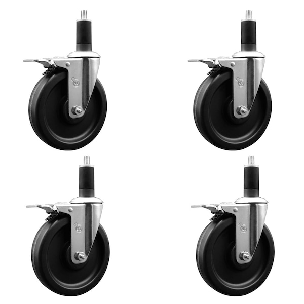5'' Phenolic Swivel 1-1/4'' Expanding Stem Caster Set Total Lock Brake, 4PK